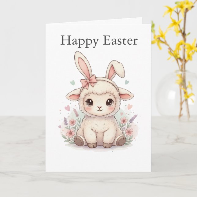 Tarjeta Cute Lamb with Bunny Ears Pastel colors Easter (flor amarilla)
