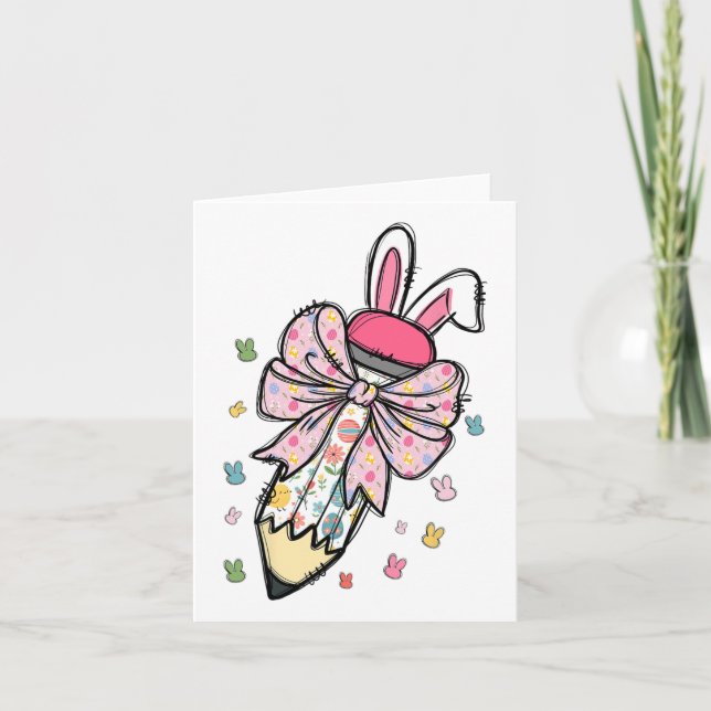 Tarjeta Cute Lápiz Coquette Bow Bunny Easter Day Teacher (Anverso)