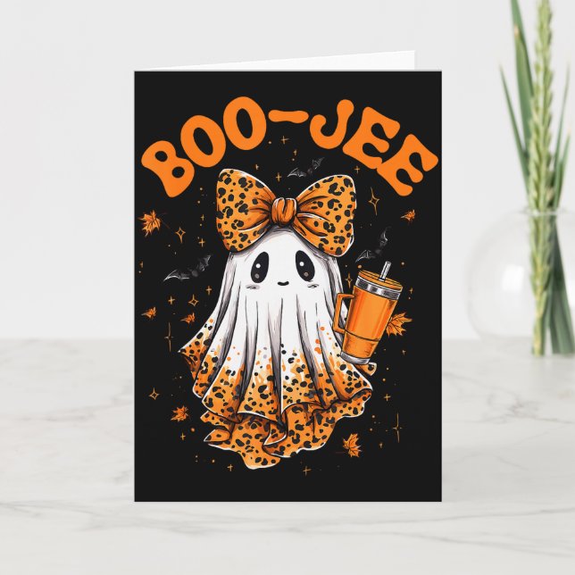 Tarjeta Cute Leopard Boo Jee Ghost Coffee Halloween Costum (Anverso)