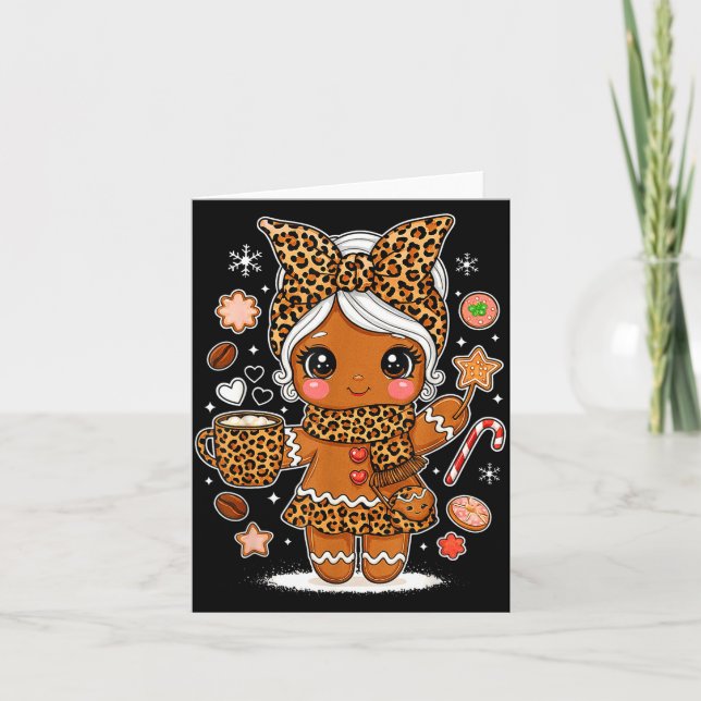 Tarjeta Cute Leopard Gingerbread Girl Coquette Bow Holiday (Anverso)