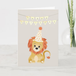 Tarjeta Cute Lion Wearing Party Hat Birthday Banner Roar