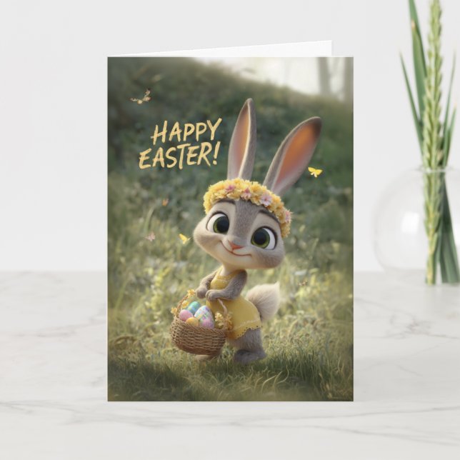 Tarjeta Cute Little Baby Bunny in a Yellow Dress Easter (Anverso)