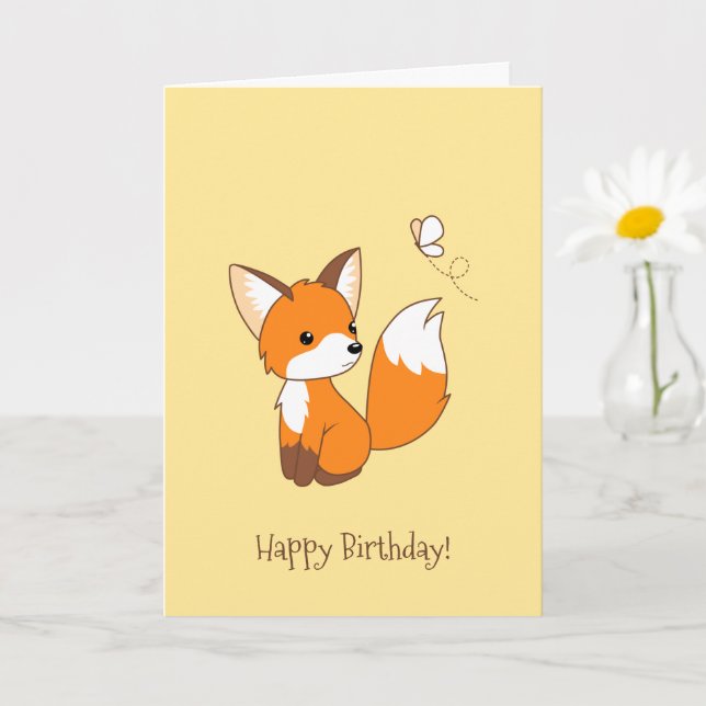 Tarjeta Cute Little Fox viendo cumpleaños de mariposa (Planta pequeña)