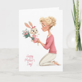 Tarjeta Cute Little Girl Bunny Bringing Mama Flowers