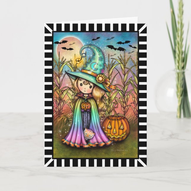 Tarjeta Cute Little Witch and Cat Halloween (Anverso)
