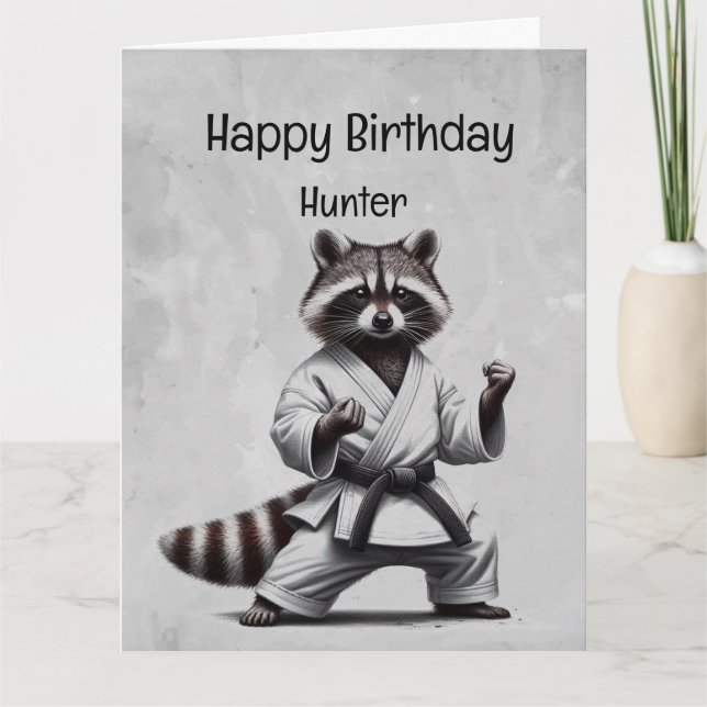 Tarjeta Cute Martial Arts Raccoon Personalizado Cumpleaños (Anverso)