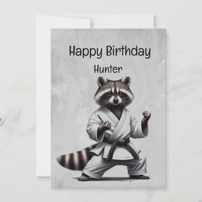 Tarjeta Cute Martial Arts Raccoon Personalizado Cumpleaños (Anverso)