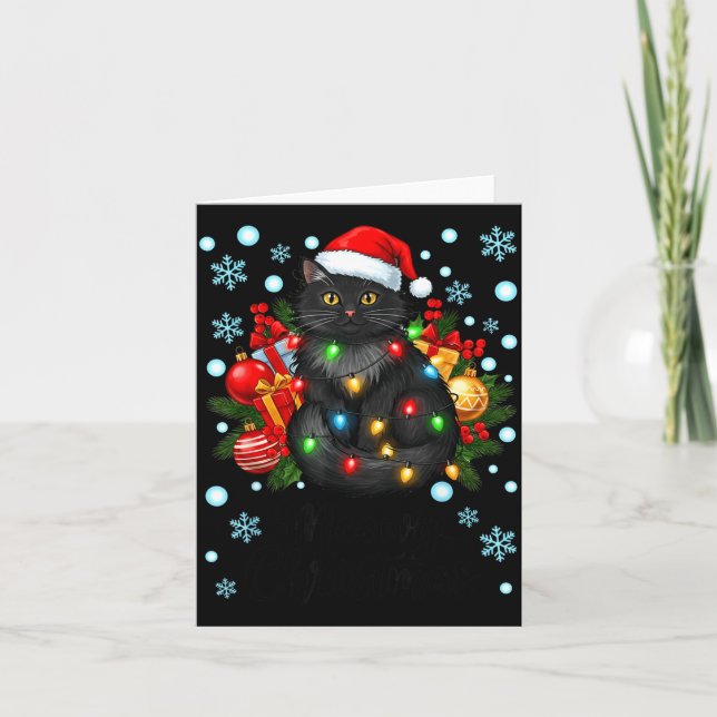 Tarjeta Cute Meowy Christmas Black Cat Santa Hat Xmas Wome (Anverso)