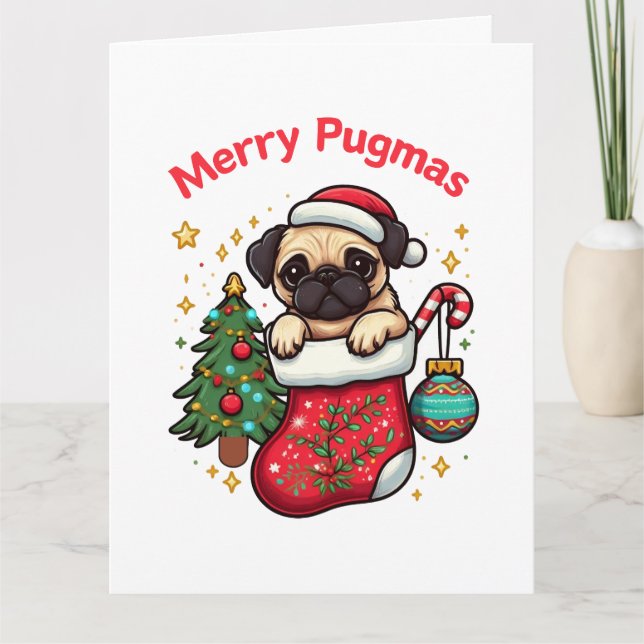 Tarjeta Cute "Merry Pugmas" Navidad Pug (Anverso)