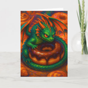 Tarjeta Cute Mini Dragón Verde y Arte Fantástico de Donut