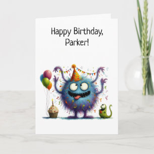 Tarjeta Cute Monstruo con Globos y Cumpleaños de Cupcake