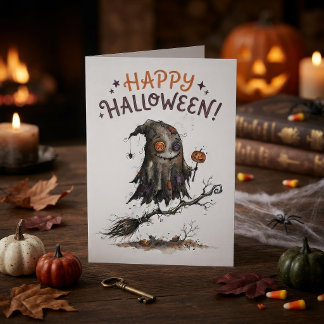 Tarjeta Cute Monstruo de Halloween en Escoba