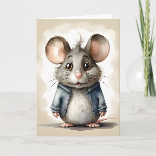 Tarjeta Cute Mouse Blue Jacket Retrato Blank Saludo (Anverso)