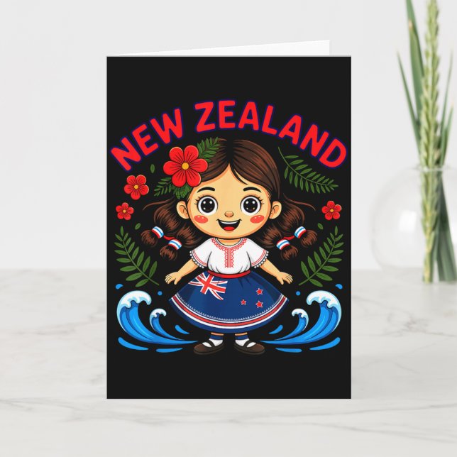 Tarjeta Cute New Zealand Girl With Fern And Waves Dor Kids (Anverso)