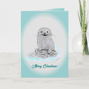Tarjeta Cute Nutria Blanca de Mar Bebé, Feliz Navidad