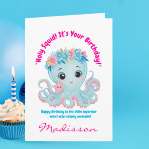 Tarjeta Cute Ocean Floral Octopus Girly Kids Birday Card
