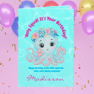Tarjeta Cute Ocean Floral Octopus Girly Kids Birday Card