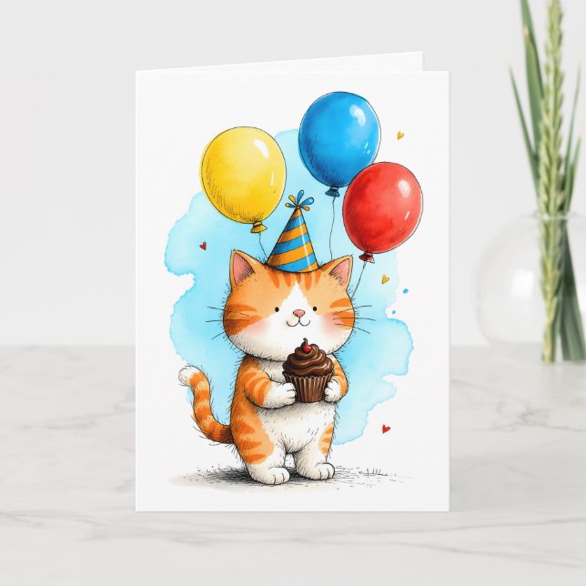 Tarjeta Cute Orange Cat with Cupcake Kid's Happy Birthday (Anverso)