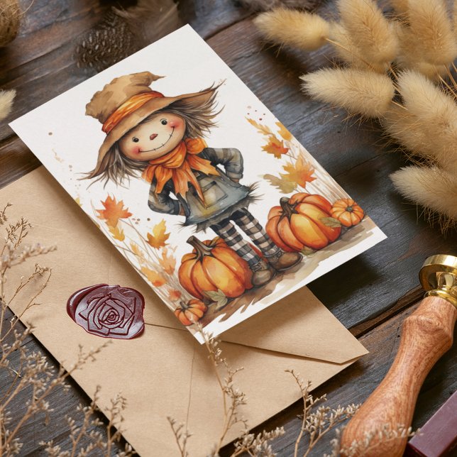 Tarjeta Cute otoño escarapela de otoño con calabaza y hoja (Cute watercolor scarecrow for autumn, fall and Thanksgiving holidays with leaves and pumpkins.)