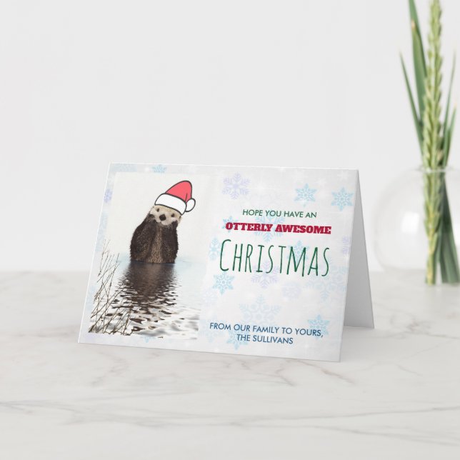 Tarjeta Cute Otter llevando un Navidad de Santa Hat (Anverso)