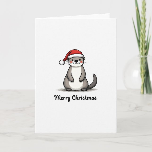 Tarjeta Cute Otter Santa Hat Winter Animal Merry Christmas (Anverso)