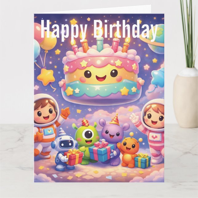 Tarjeta Cute Outer Space Birthday Party with Astronauts  (Anverso)