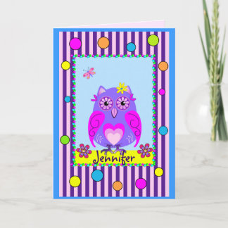 Tarjeta Cute Owl Happy Name & Birday text Card