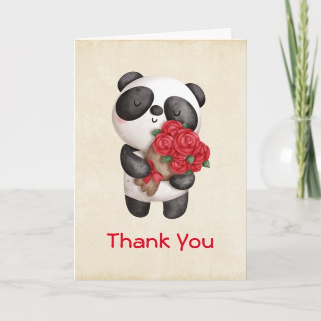 Tarjeta Cute Panda Bear con Rose Bouquet Gracias (Anverso)