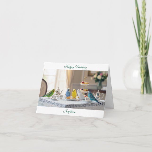 Tarjeta Cute Parakeet Budgies Afternoon Tea Birthday (Anverso)
