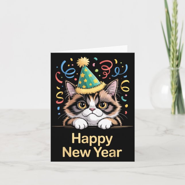 Tarjeta Cute Party Cat Happy New Year Funny New Year’s Eve (Anverso)