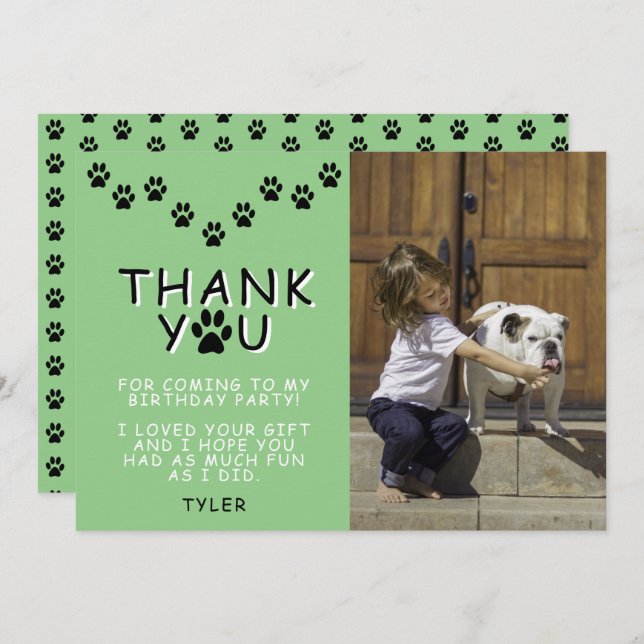 Tarjeta Cute Paw Imprime Green Birday Gracias Foto (Anverso / Reverso)