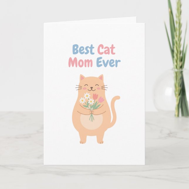 Tarjeta Cute Peach Cat Holding Flowers Illustration (Anverso)