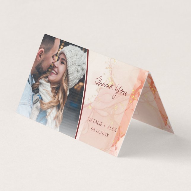 Tarjeta Cute Peach Gold Marble Photo Boda Gracias (Anverso)
