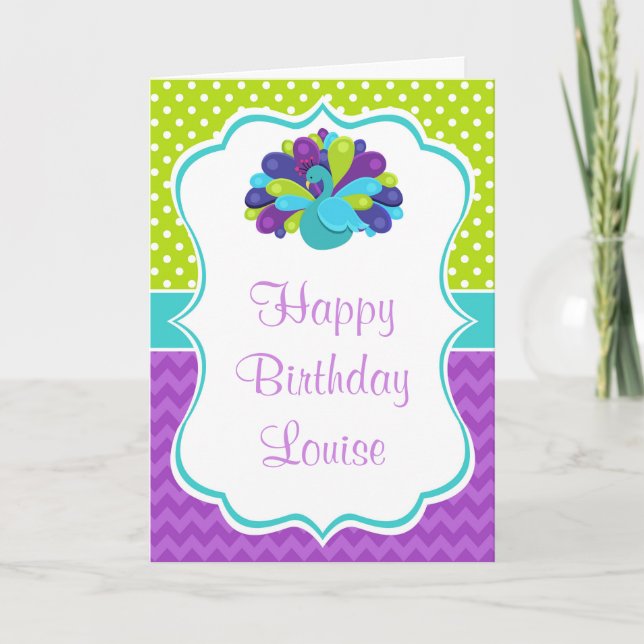 Tarjeta Cute Peacock Green and Purple Birthday  (Anverso)