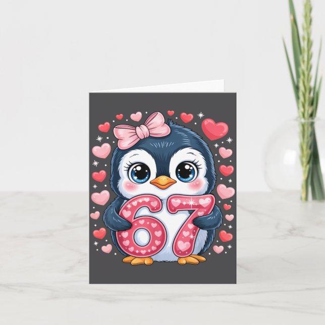 Tarjeta Cute Penguin 67 Seis Siete Corazones de San Valent (Anverso)