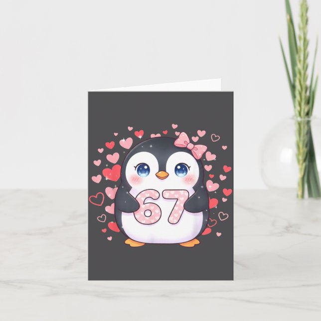 Tarjeta Cute Penguin 67 Six Seven Valentine Hearts 6 7 Mem (Anverso)