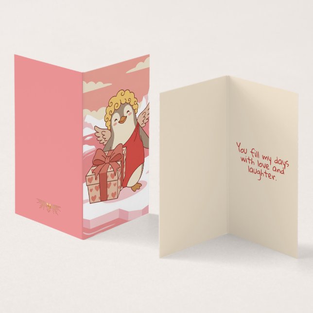 Tarjeta Cute Penguin Cupid Mini Valentine Cards for Kids (Interior y exterior)