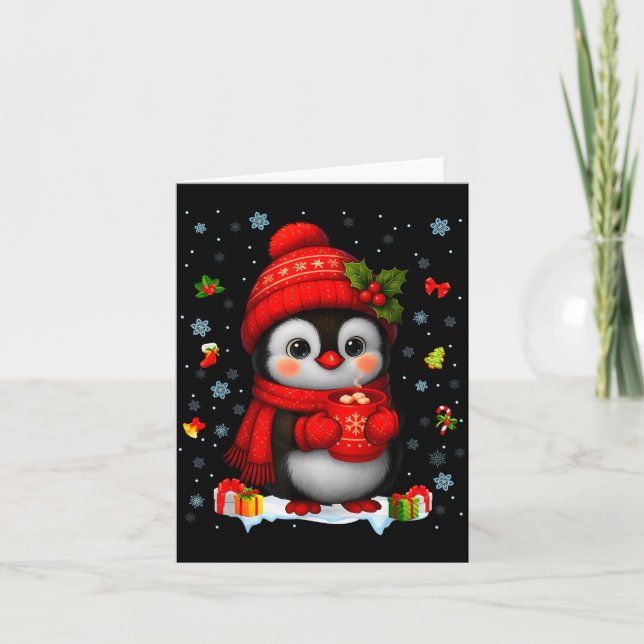 Tarjeta Cute Penguin Drink Hot Cocoa Christmas Xmas Men Wo (Anverso)