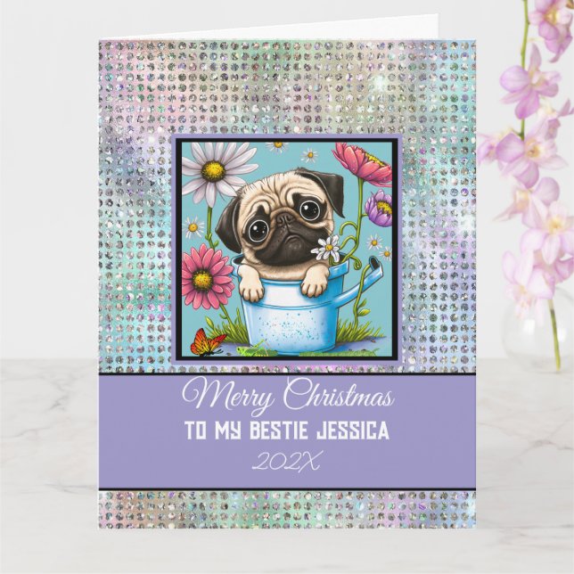 Tarjeta Cute Perro Merry Christmas Bestie Photo & Name (Orquídea)