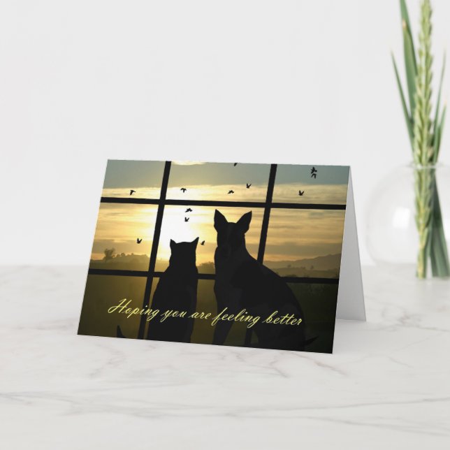 Tarjeta Cute perro y gato en la ventana Siéntete mejor car (Anverso)