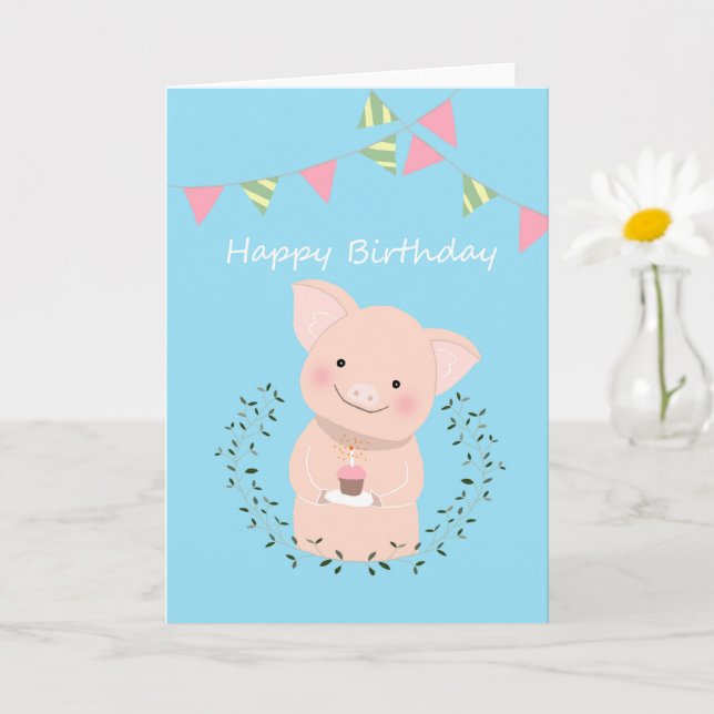 Tarjeta Cute Pig sosteniendo un pastel feliz cumpleaños (Planta pequeña)
