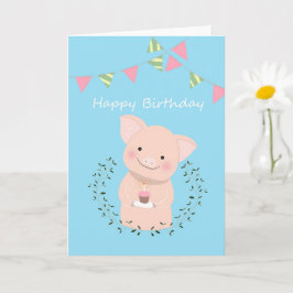 Tarjeta Cute Pig sosteniendo un pastel feliz cumpleaños