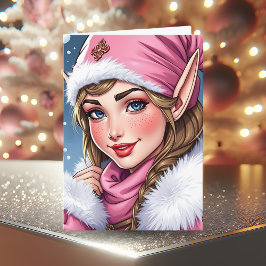 Tarjeta Cute Pink Elf | Feliz Navidad