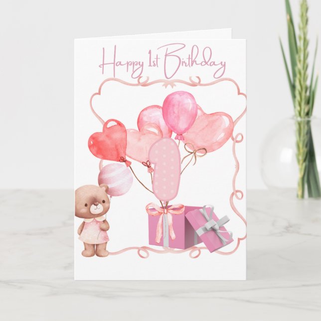 Tarjeta Cute Pink Happy 1º cumpleaños (Anverso)