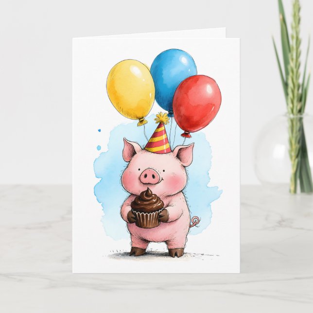 Tarjeta Cute Pink Pig with Cupcake Kid's Happy Birthday (Anverso)