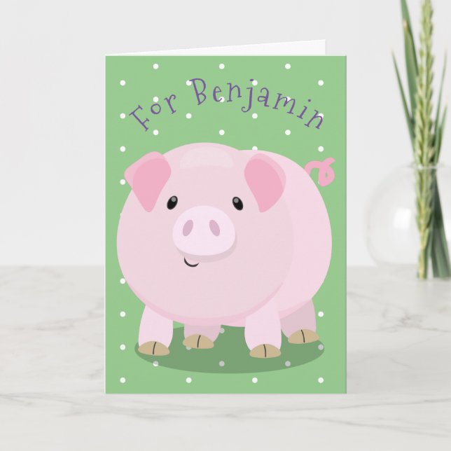 Tarjeta Cute pink pot bellied pig cartoon illustration (Anverso)