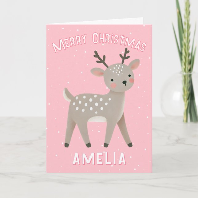 Tarjeta Cute Pink Reindeer Kid`s Name Merry Christmas (Anverso)