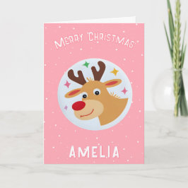 Tarjeta Cute Pink Reindeer Kid`s Name Merry Christmas