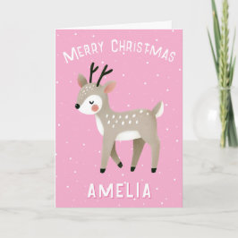 Tarjeta Cute Pink Reindeer Kid`s Name Merry Christmas