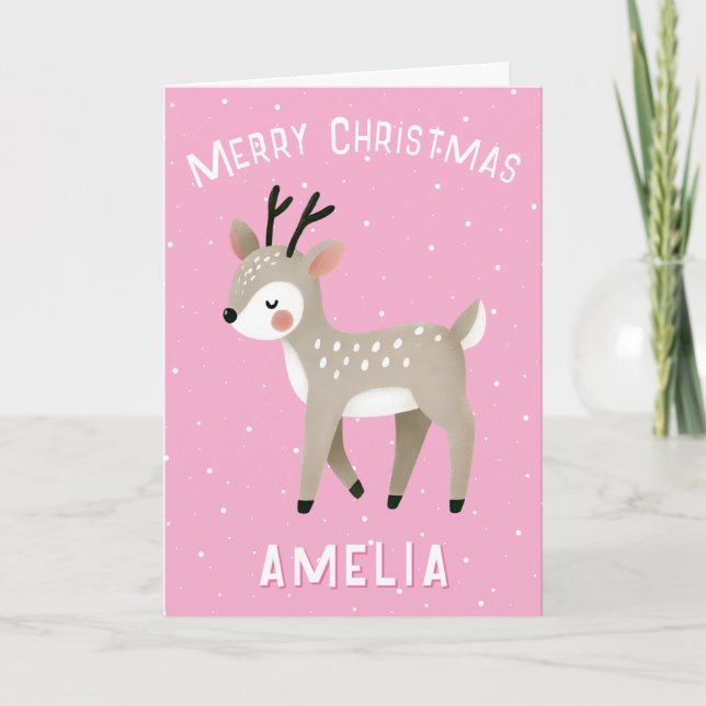 Tarjeta Cute Pink Reindeer Kid`s Name Merry Christmas (Anverso)